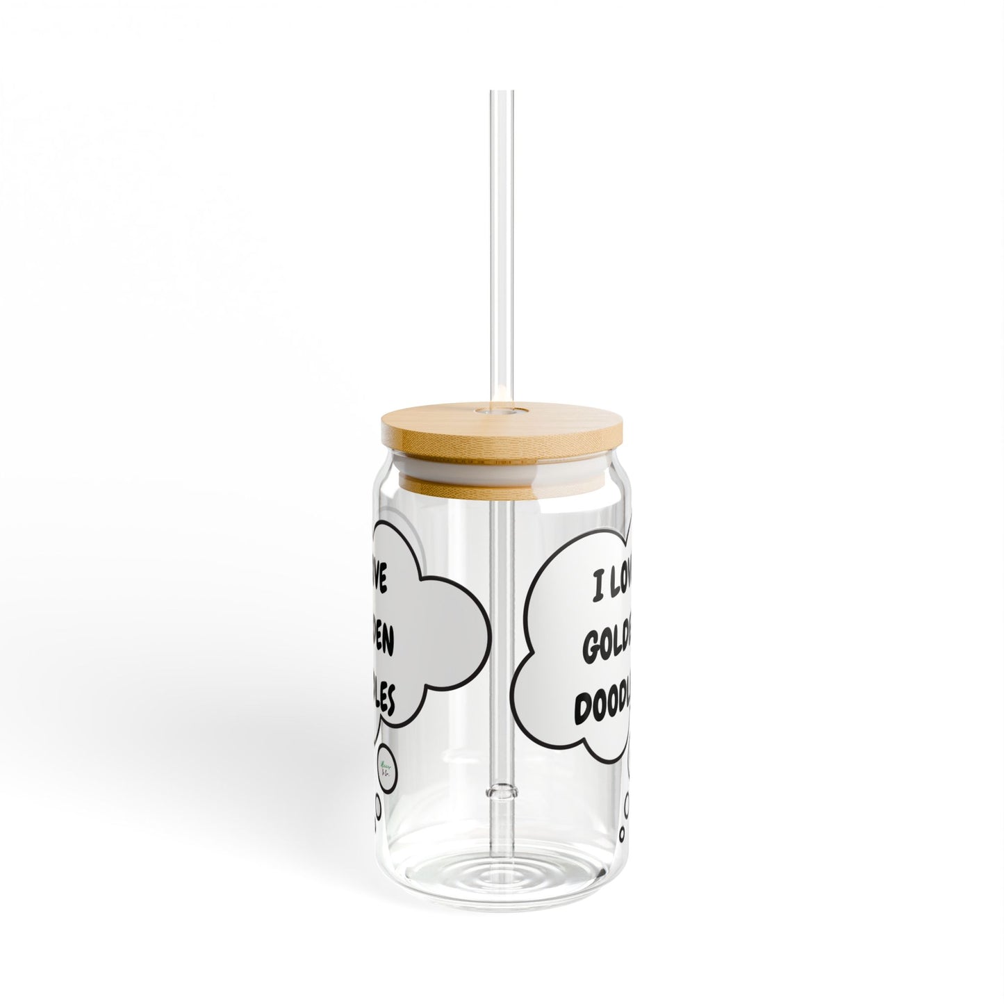 I LOVE GOLDEN DOODLES SIPPER GLASS 16oz THOUGHT BUBBLE FOR DOG PARENTS GLASSWARE ICED GLASS DOG MOM ICED COFFEE GLASSES DOG DAD DRINKWARE BAMBOO LID WITH STRAW GLASS CAN TUMBLERS