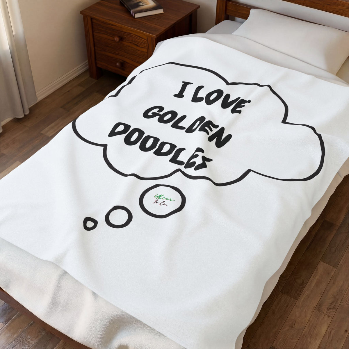 I LOVE GOLDEN DOODLES PLUSH VELVETEEN BLANKET 50'X 60' IN THOUGHT BUBBLE DESIGN DOG DAD 100% POLYESTER BLANKET PET PARENTS MEDIUM TO HEAVY WEIGHT PLUSH VELVETEEN BLANKET DOG MOM