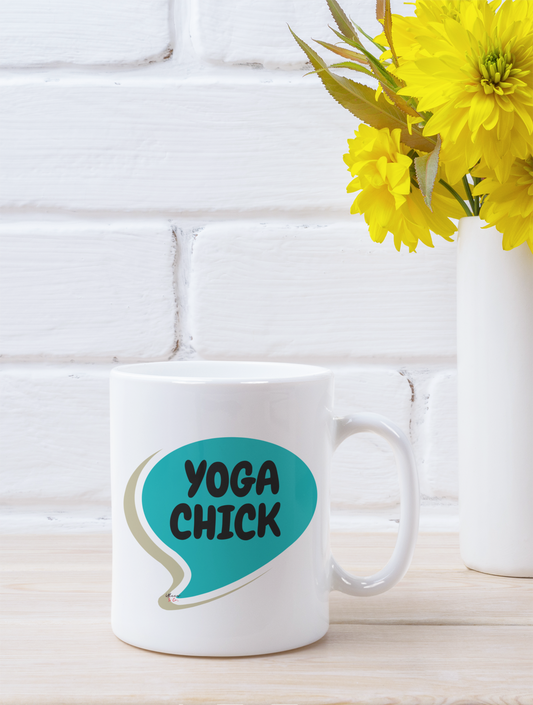 YOGA CHICK COFFEE MUG IN SPEECH BUBBLE FOR COFFEE LOVER GIFT CERAMIC 11oz YOGA ENTHUSIASTS COFFEE DRINKER FOR YOGA INFLUENTIAL CREATIVES