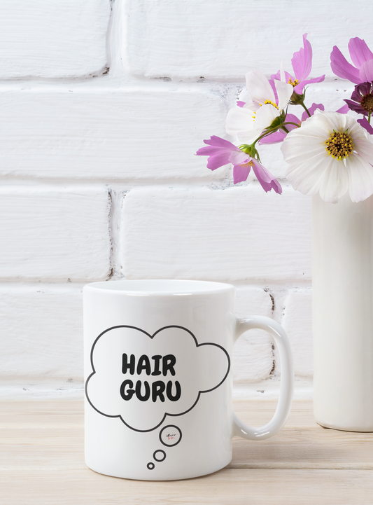 HAIR GURU COFFEE MUG HAIRDRESSER ENTREPRENEUR COFFEE LOVER GIFT MUG FOR COSMOLOGISTS IN THOUGHT BUBBLE CERAMIC 11oz COFFEE MUG GIFT FOR HAIR STYLIST