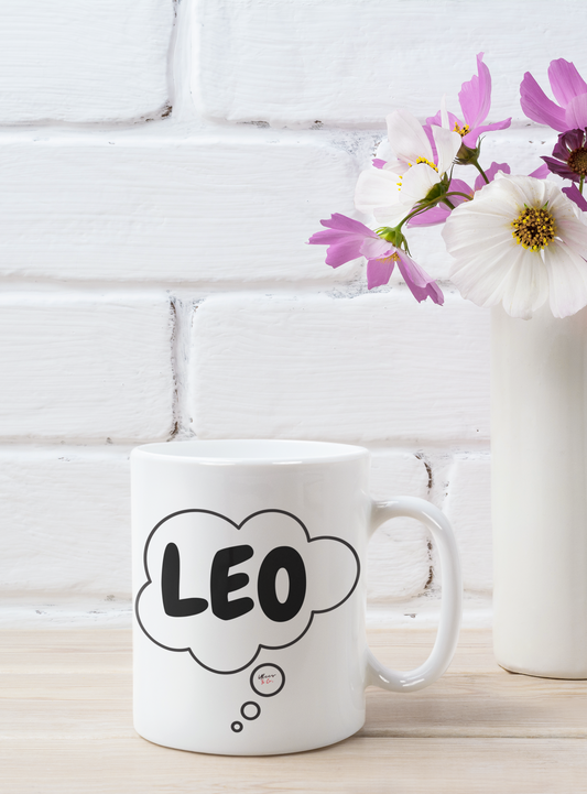 LEO ZODIAC SIGN FOR COFFEE MUG IN THOUGHT BUBBLE BIRTHDAY GIFT FOR LEO HOROSCOPE SIGN CERAMIC MUG 11oz ASTRONOMY SIGNS ON COFFEE MUG FOR COFFEE LOVERS