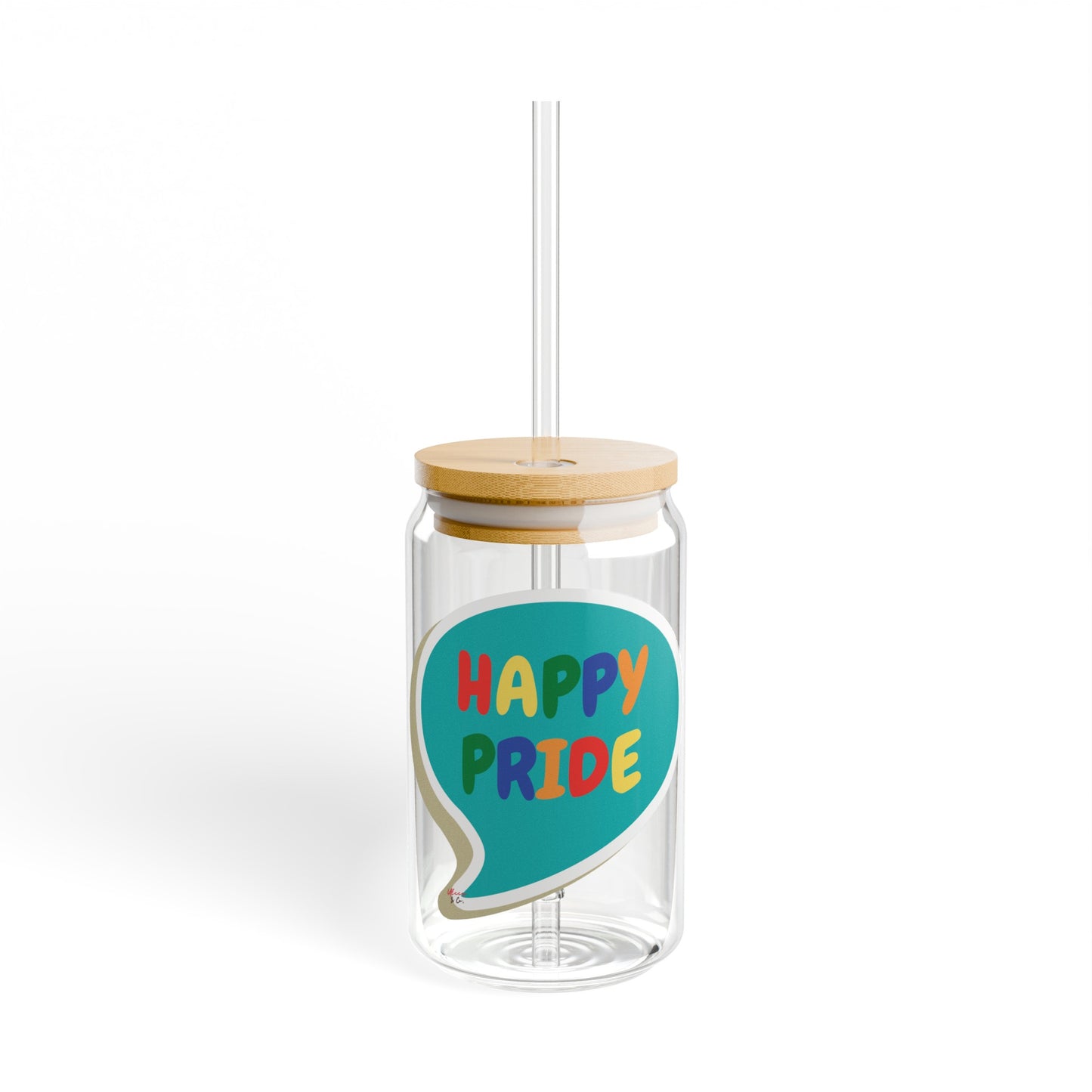 RAINBOW HAPPY PRIDE ICED COFFEE GLASSES IN SPEECH BUBBLE LGBTQ EQUALITY RAINBOW PRIDE MONTH HAPPY PRIDE SIPPER GLASS 16oz