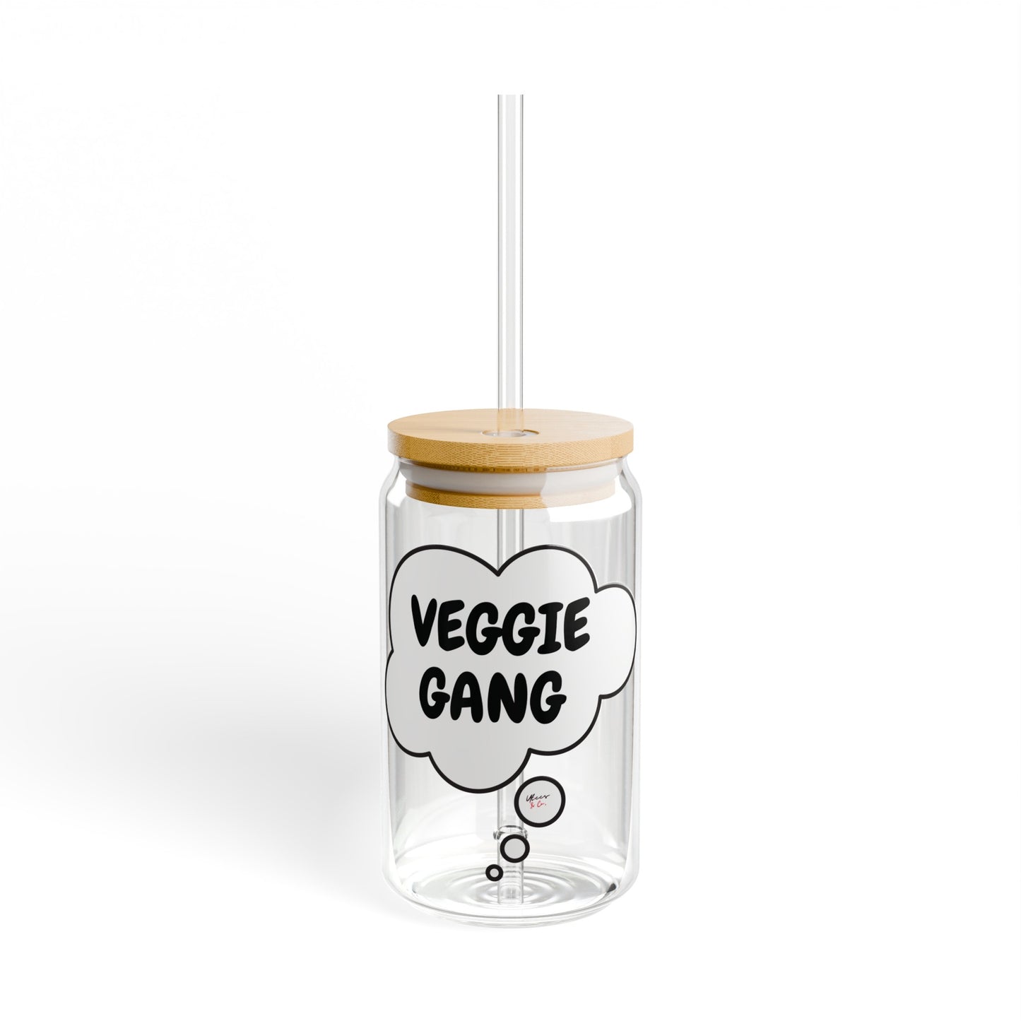 VEGGIE GANG ICED COFFEE GLASSES VEGAN INSPIRED SIPPER GLASS 16oz IN THOUGHT BUBBLE PLANT BASED GLASS GIFT VEGAN GLASS FOR GIFT