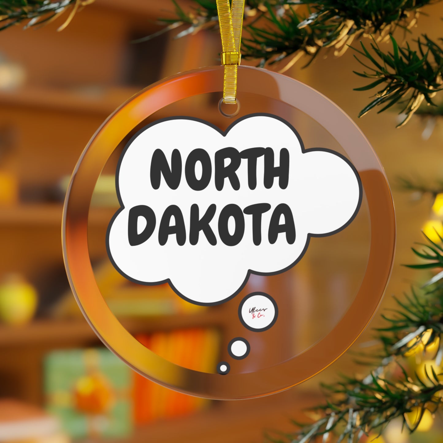 NORTH DAKOTA GLASS ORNAMENT IN THOUGHT BUBBLE FOR FAVORITE STATE DECORATION FOR CHRISTMAS DECOR FOR HOLIDAY DECORATION