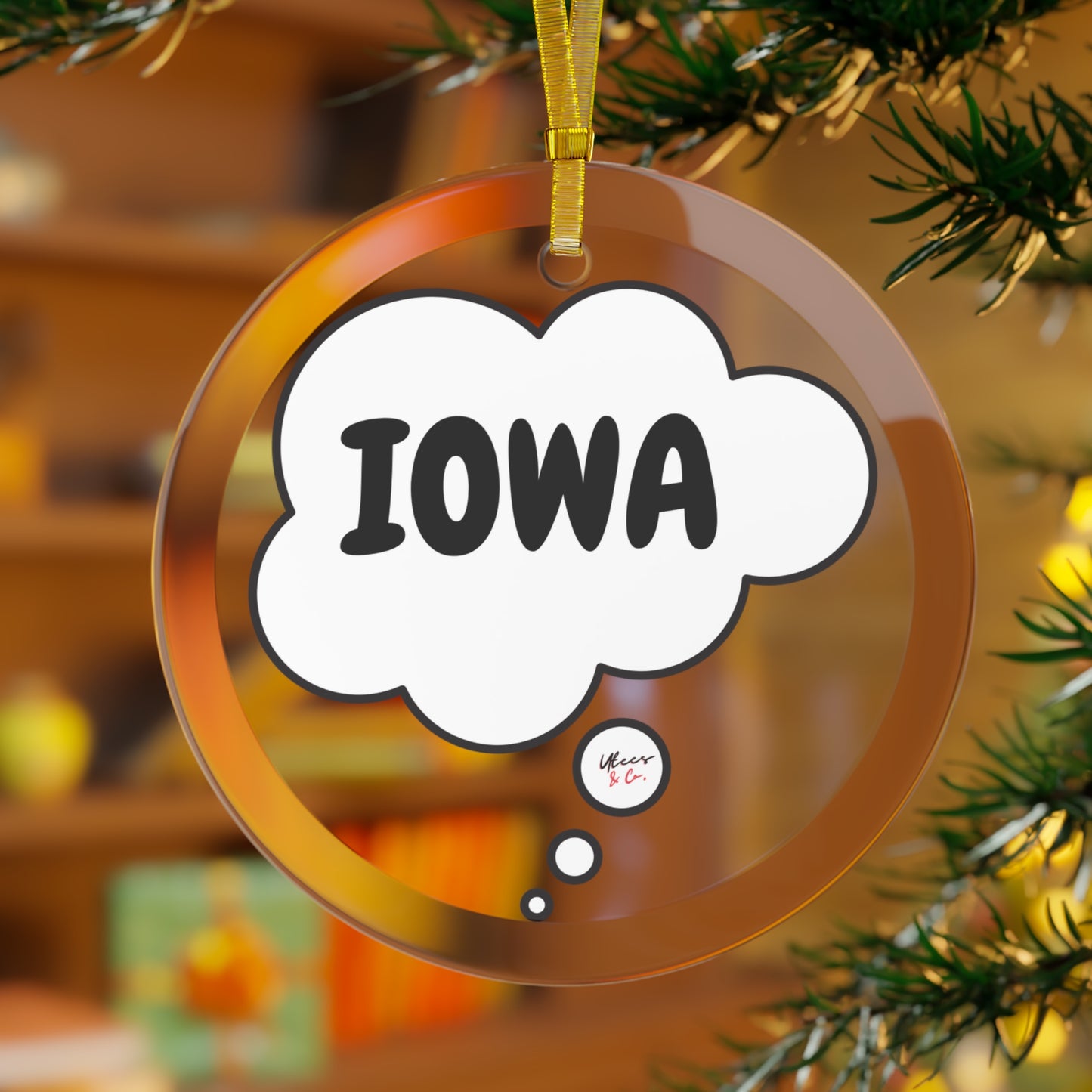 IOWA GLASS ORNAMENT IN THOUGHT BUBBLE FOR FAVORITE STATE DECORATION FOR CHRISTMAS DECOR FOR HOLIDAY DECORATION