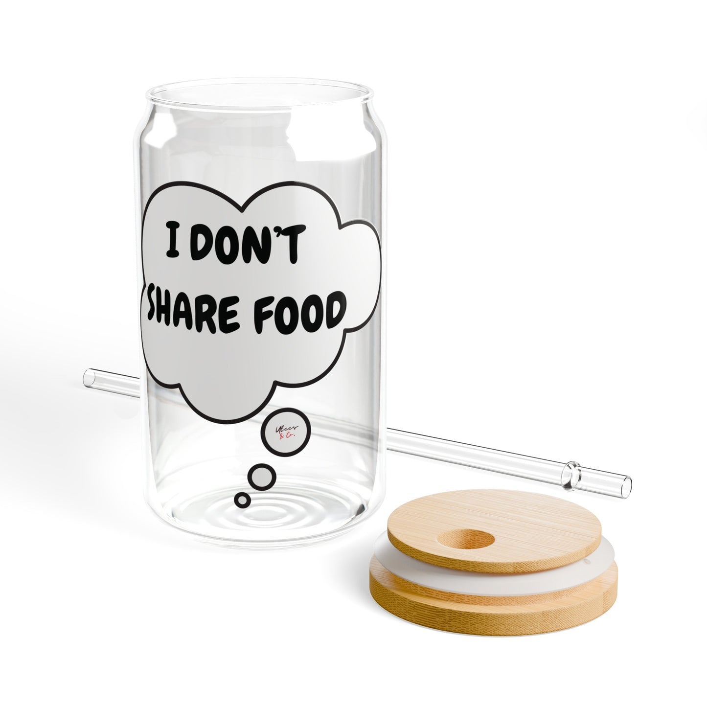 I DON'T SHARE FOOD ICED COFFEE GLASS IN THOUGHT BUBBLE GLASS TUMBLER FUNNY SAYINGS ON SIPPER GLASS 16oz GIFT FOR SARCASTIC SAYINGS ON LIBBY GLASS