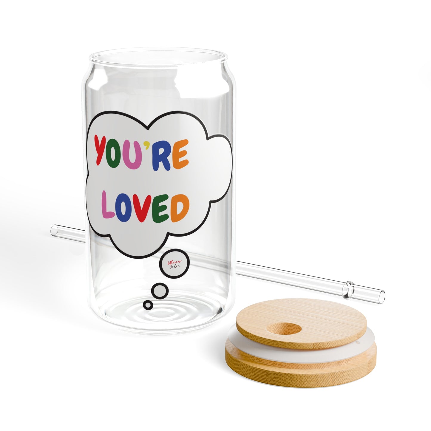 YOU'RE LOVED HAPPY PRIDE ICED COFFEE GLASSES IN THOUGHT BUBBLE LGBTQ EQUALITY RAINBOW PRIDE MONTH HAPPY PRIDE SIPPER GLASS 16oz