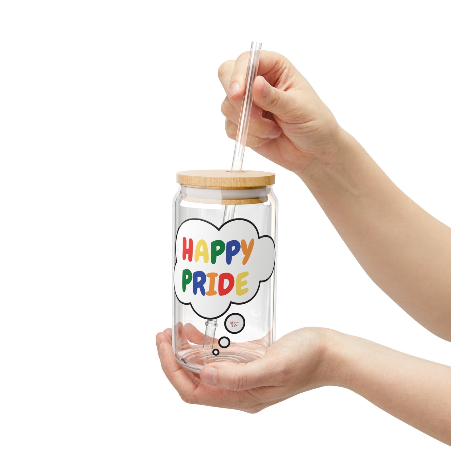 RAINBOW HAPPY PRIDE ICED COFFEE GLASSES IN THOUGHT BUBBLE LGBTQ EQUALITY RAINBOW PRIDE MONTH HAPPY PRIDE SIPPER GLASS 16oz