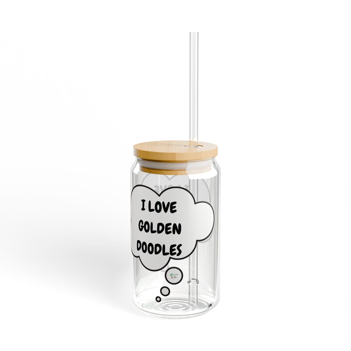 I LOVE GOLDEN DOODLES SIPPER GLASS 16oz THOUGHT BUBBLE FOR DOG PARENTS GLASSWARE ICED GLASS DOG MOM ICED COFFEE GLASSES DOG DAD DRINKWARE BAMBOO LID WITH STRAW GLASS CAN TUMBLERS