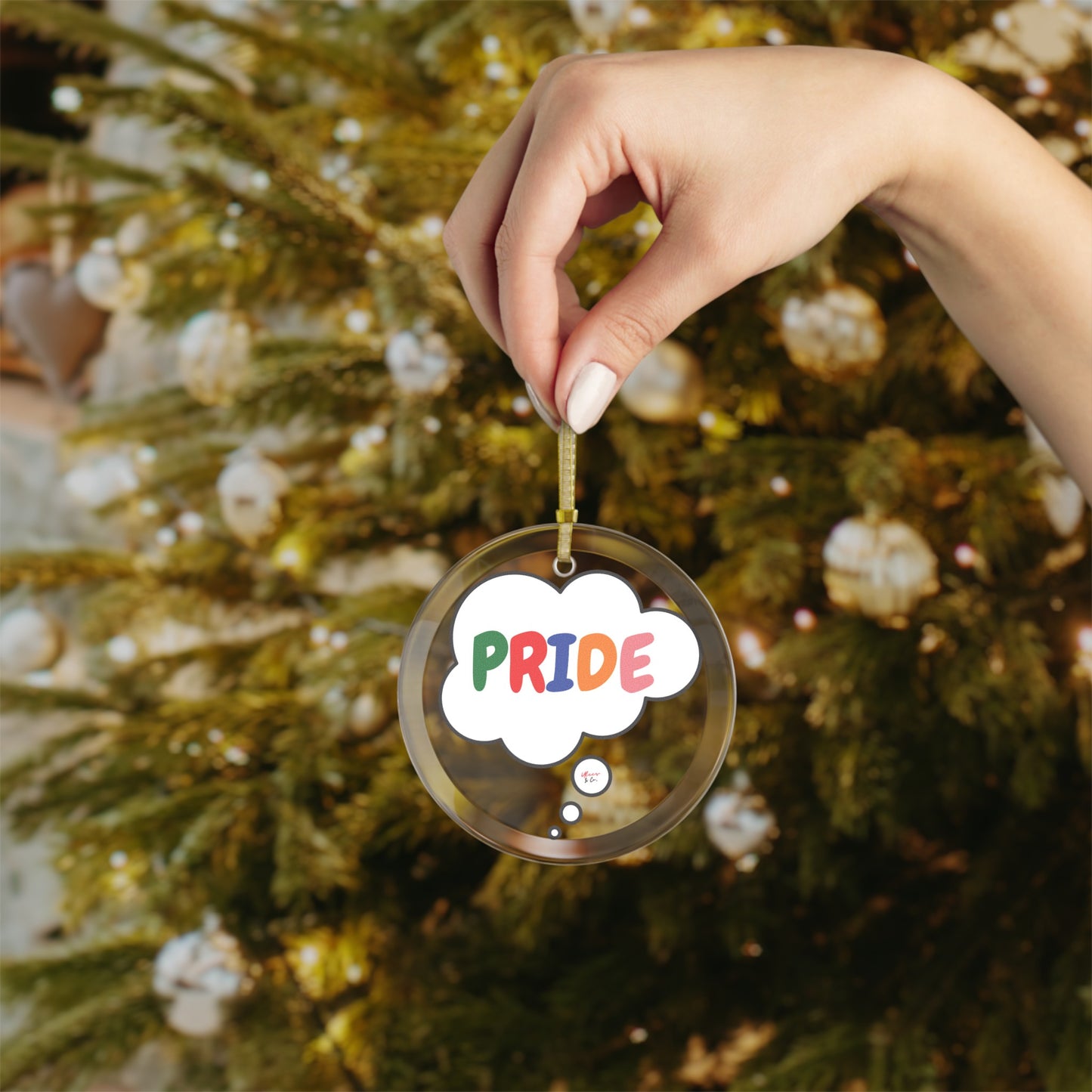 PRIDE RAINBOW GLASS ORNAMENT IN THOUGHT BUBBLE LGBTQ GLASS ORNAMENT HOLIDAY DECOR PRIDE CHRISTMAS DECORATIONS