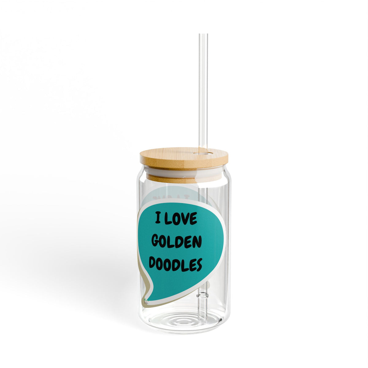 I LOVE GOLDEN DOODLES SIPPER GLASS 16oz SPEECH BUBBLE FOR DOG PARENTS GLASSWARE ICED GLASS DOG MOM ICED COFFEE GLASSES DOG DAD DRINKWARE BAMBOO LID WITH STRAW GLASS CAN TUMBLERS