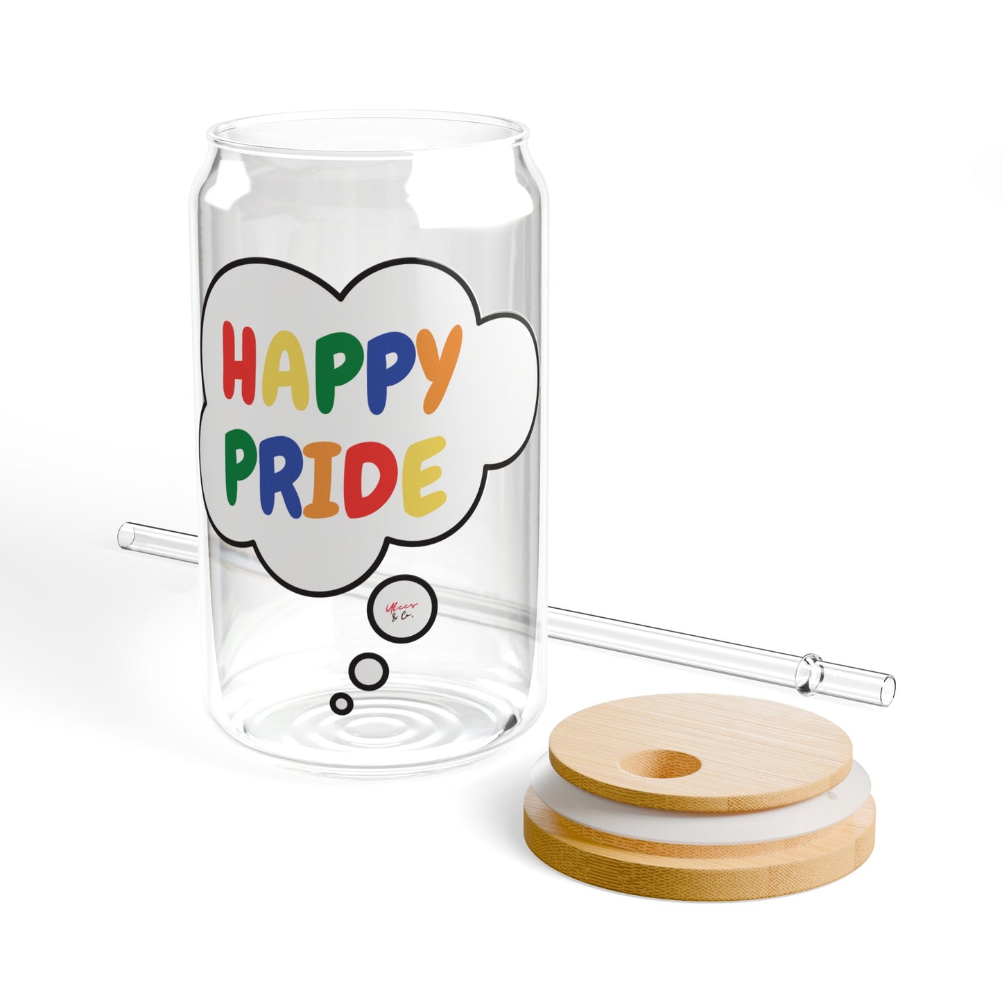 RAINBOW HAPPY PRIDE ICED COFFEE GLASSES IN THOUGHT BUBBLE LGBTQ EQUALITY RAINBOW PRIDE MONTH HAPPY PRIDE SIPPER GLASS 16oz