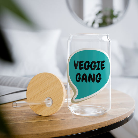 VEGGIE GANG ICED COFFEE GLASSES VEGAN INSPIRED SIPPER GLASS VEGAN INSPIRED GLASS 16oz IN SPEECH BUBBLE PLANT BASED GLASS GIFT VEGAN GLASS FOR GIFT