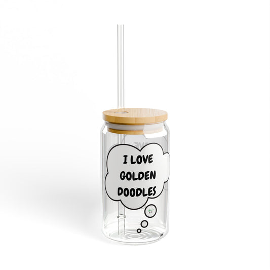 I LOVE GOLDEN DOODLES SIPPER GLASS 16oz THOUGHT BUBBLE FOR DOG PARENTS GLASSWARE ICED GLASS DOG MOM ICED COFFEE GLASSES DOG DAD DRINKWARE BAMBOO LID WITH STRAW GLASS CAN TUMBLERS