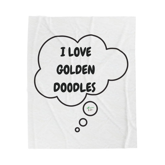I LOVE GOLDEN DOODLES PLUSH VELVETEEN BLANKET 50'X 60' IN THOUGHT BUBBLE DESIGN DOG DAD 100% POLYESTER BLANKET PET PARENTS MEDIUM TO HEAVY WEIGHT PLUSH VELVETEEN BLANKET DOG MOM