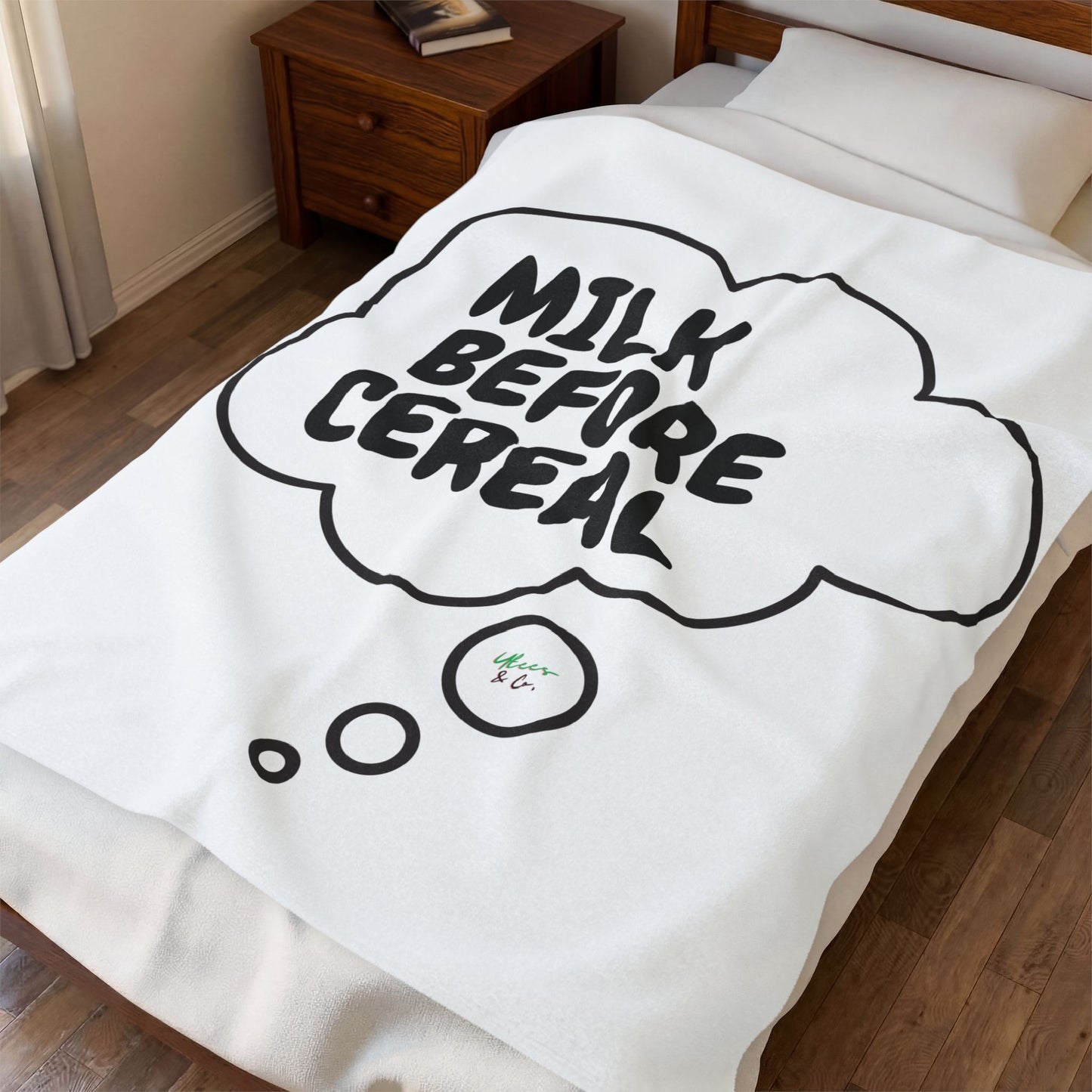 MILK BEFORE CEREAL PLUSH VELVETEEN BLANKET 50'X 60' IN THOUGHT BUBBLE FUNNY SAYINGS 100% POLYESTER BLANKET SARCASTIC SAYINGS MEDIUM TO HEAVY WEIGHT PLUSH VELVETEEN BLANKET