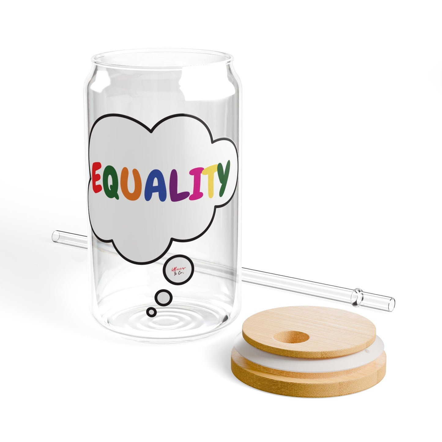 EQUALITY RAINBOW HAPPY PRIDE ICED COFFEE GLASSES IN THOUGHT BUBBLE LGBTQ EQUALITY RAINBOW PRIDE MONTH HAPPY PRIDE SIPPER GLASS 16oz