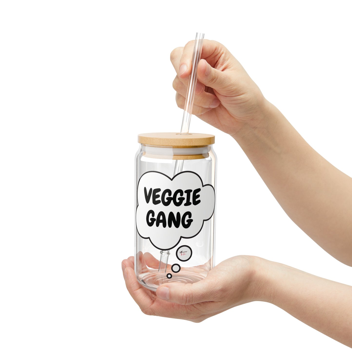 VEGGIE GANG ICED COFFEE GLASSES VEGAN INSPIRED SIPPER GLASS 16oz IN THOUGHT BUBBLE PLANT BASED GLASS GIFT VEGAN GLASS FOR GIFT