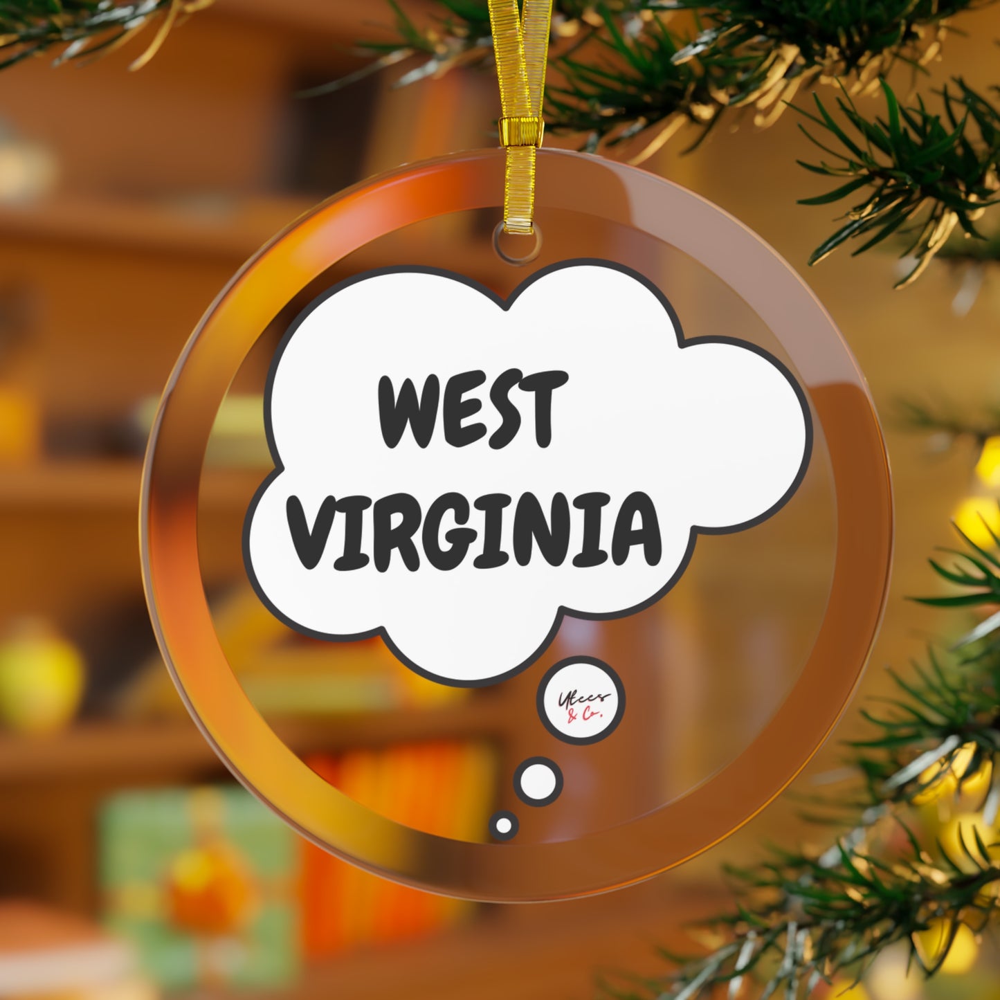 WEST VIRGINIA GLASS ORNAMENT IN THOUGHT BUBBLE FOR CHRISTMAS HOLIDAY DECORATION FOR FAVORITE STATE DECORATION