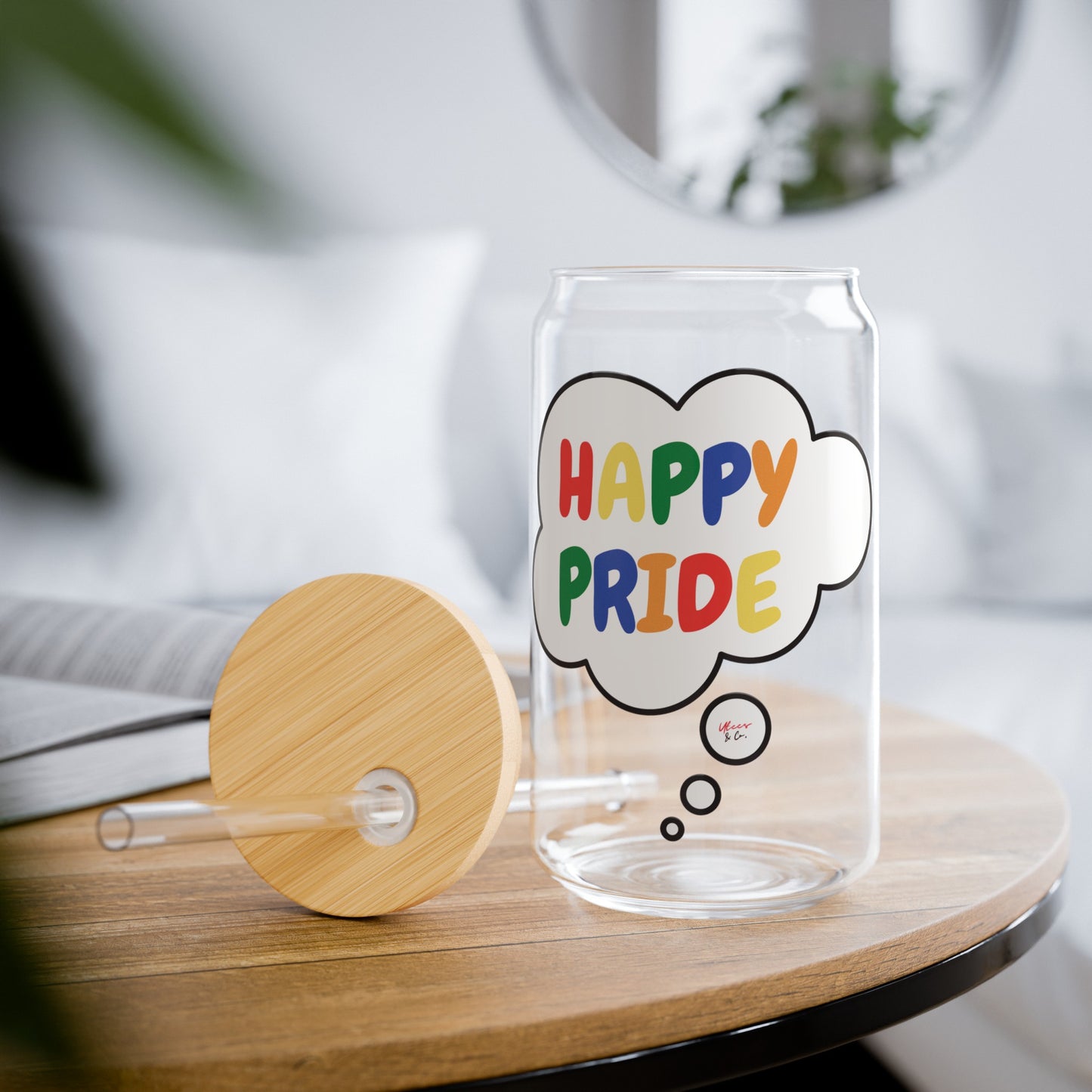 RAINBOW HAPPY PRIDE ICED COFFEE GLASSES IN THOUGHT BUBBLE LGBTQ EQUALITY RAINBOW PRIDE MONTH HAPPY PRIDE SIPPER GLASS 16oz