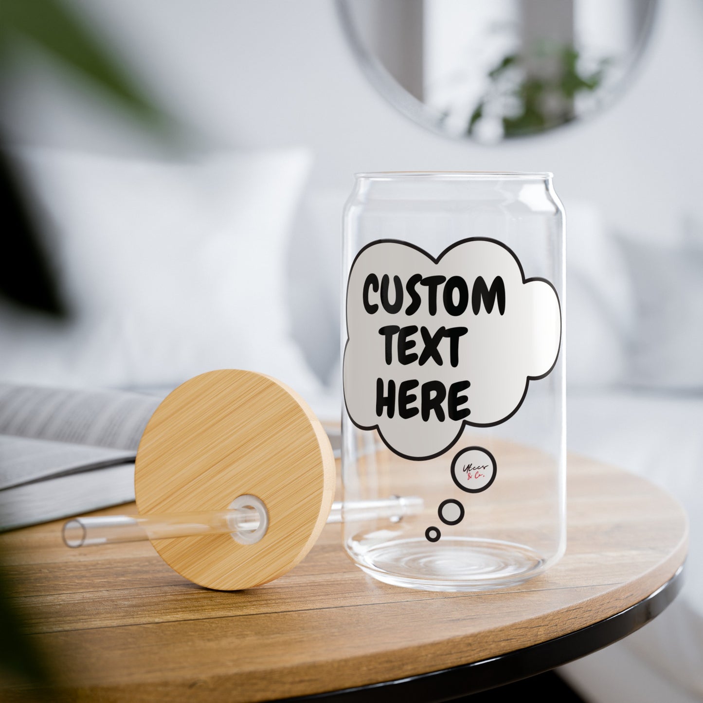 PERSONALIZE ICED COFFEE GLASS IN THOUGHT BUBBLE CUSTOMIZE SIPPER GLASS 16oz CUSTOM GIFT