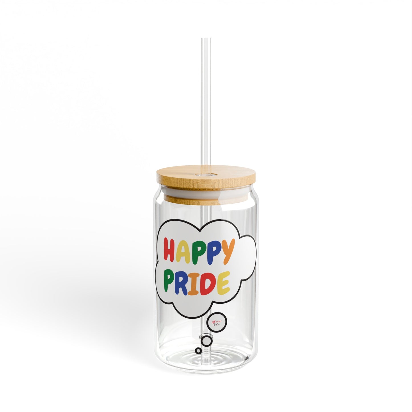 RAINBOW HAPPY PRIDE ICED COFFEE GLASSES IN THOUGHT BUBBLE LGBTQ EQUALITY RAINBOW PRIDE MONTH HAPPY PRIDE SIPPER GLASS 16oz