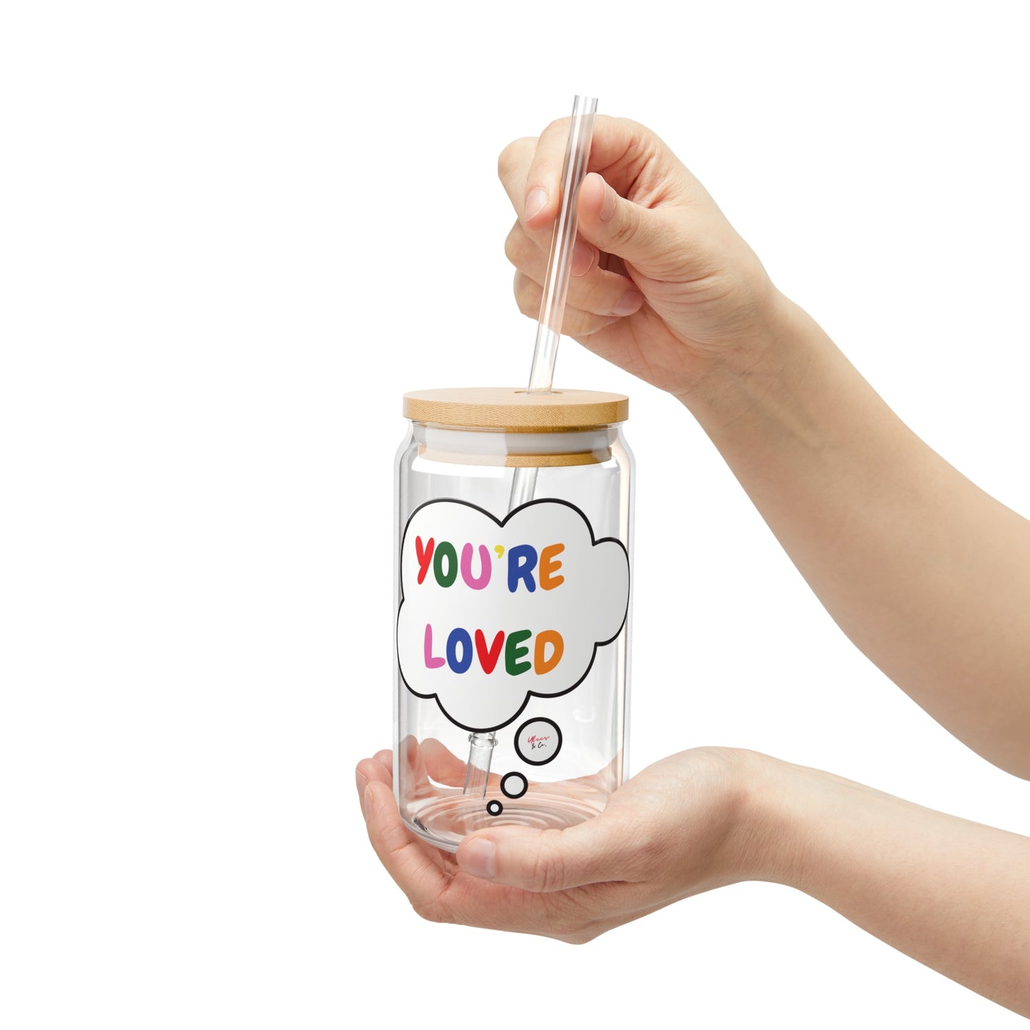 YOU'RE LOVED HAPPY PRIDE ICED COFFEE GLASSES IN THOUGHT BUBBLE LGBTQ EQUALITY RAINBOW PRIDE MONTH HAPPY PRIDE SIPPER GLASS 16oz