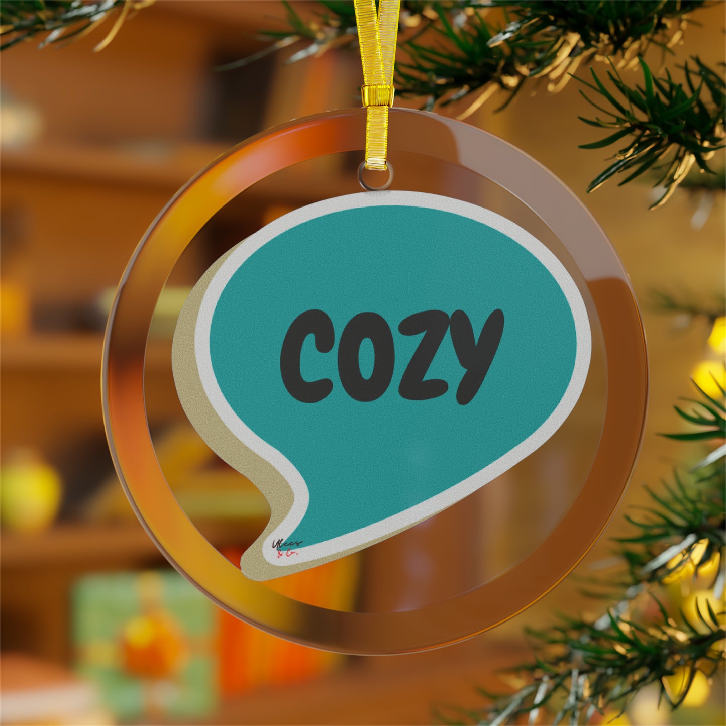 COZY GLASS ORNAMENT IN SPEECH BUBBLE FOR CHRISTMAS DECOR HOLIDAY DECORATION