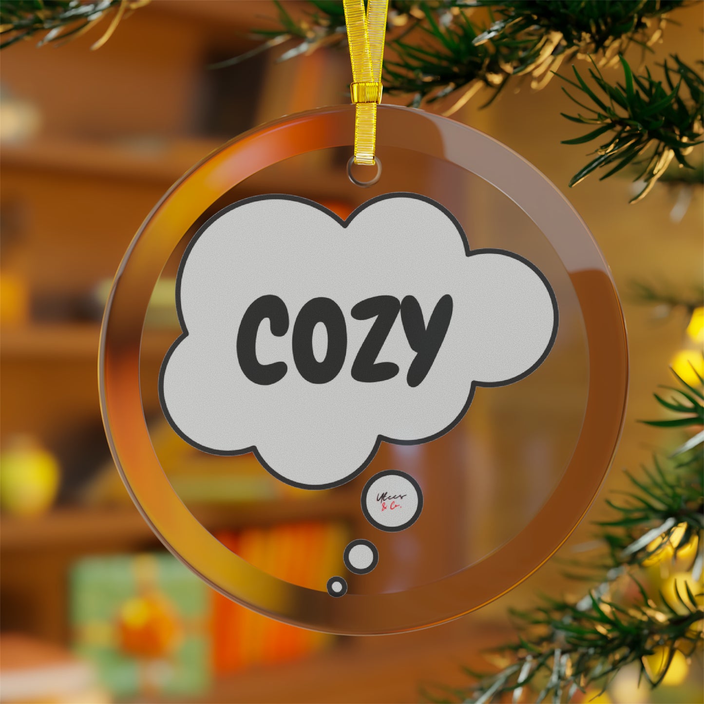 COZY GLASS ORNAMENT IN THOUGHT BUBBLE FOR CHRISTMAS HOLIDAY DECORATION