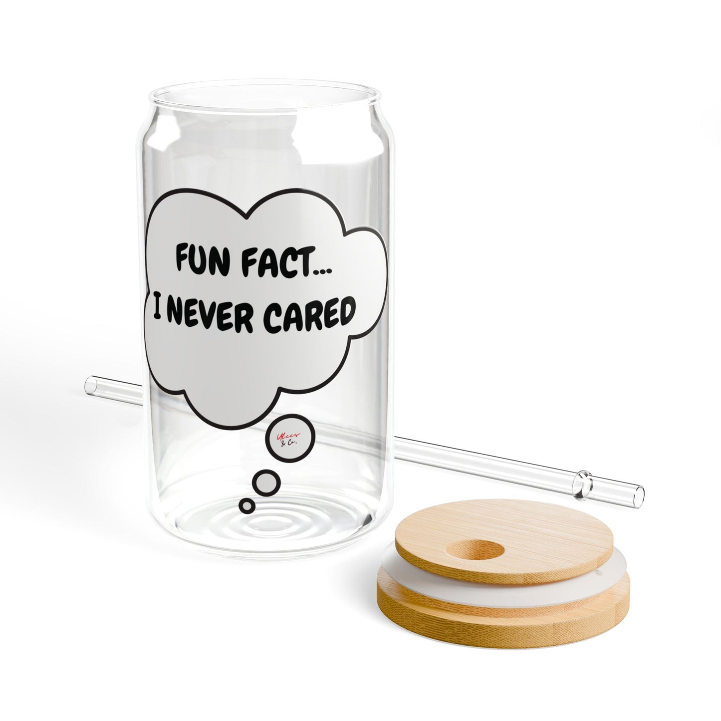 FUN FACT...I NEVER CARED ICED COFFEE GLASS IN THOUGHT BUBBLE SIPPER GLASS 16oz SARCASTIC SAYINGS DRINKING GLASSWARE