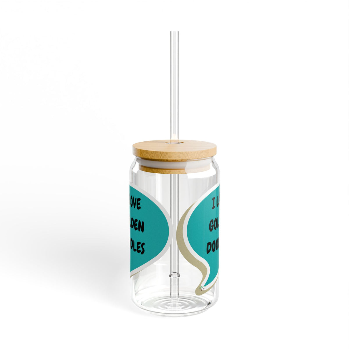 I LOVE GOLDEN DOODLES SIPPER GLASS 16oz SPEECH BUBBLE FOR DOG PARENTS GLASSWARE ICED GLASS DOG MOM ICED COFFEE GLASSES DOG DAD DRINKWARE BAMBOO LID WITH STRAW GLASS CAN TUMBLERS
