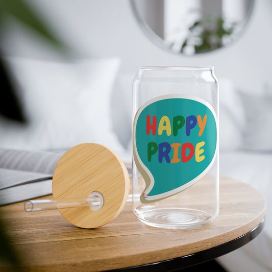 RAINBOW HAPPY PRIDE ICED COFFEE GLASSES IN SPEECH BUBBLE LGBTQ EQUALITY RAINBOW PRIDE MONTH HAPPY PRIDE SIPPER GLASS 16oz