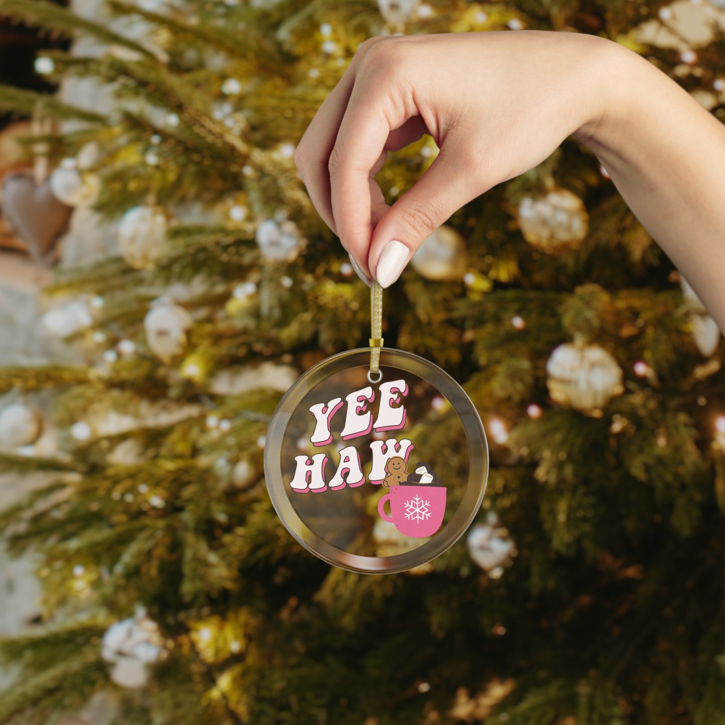 YEE HAW GINGERBREAD MAN IN HOT CHOCOLATE GLASS ORNAMENT FOR HOLIDAY DECORATION CHRISTMAS GIFT FOR DECORATION