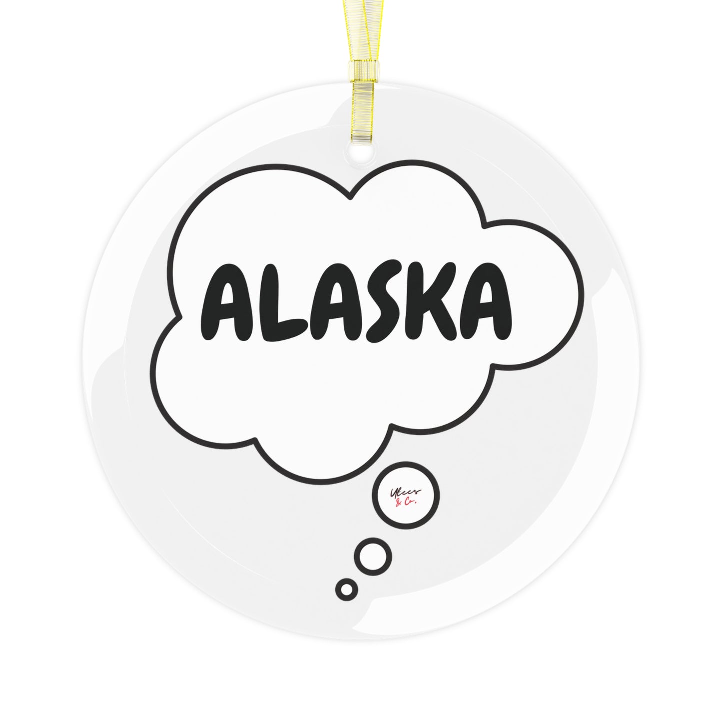 ALASKA GLASS ORNAMENT IN THOUGHT BUBBLE FOR CHRISTMAS HOLIDAY DECORATION FOR FAVORITE STATE DECORATION