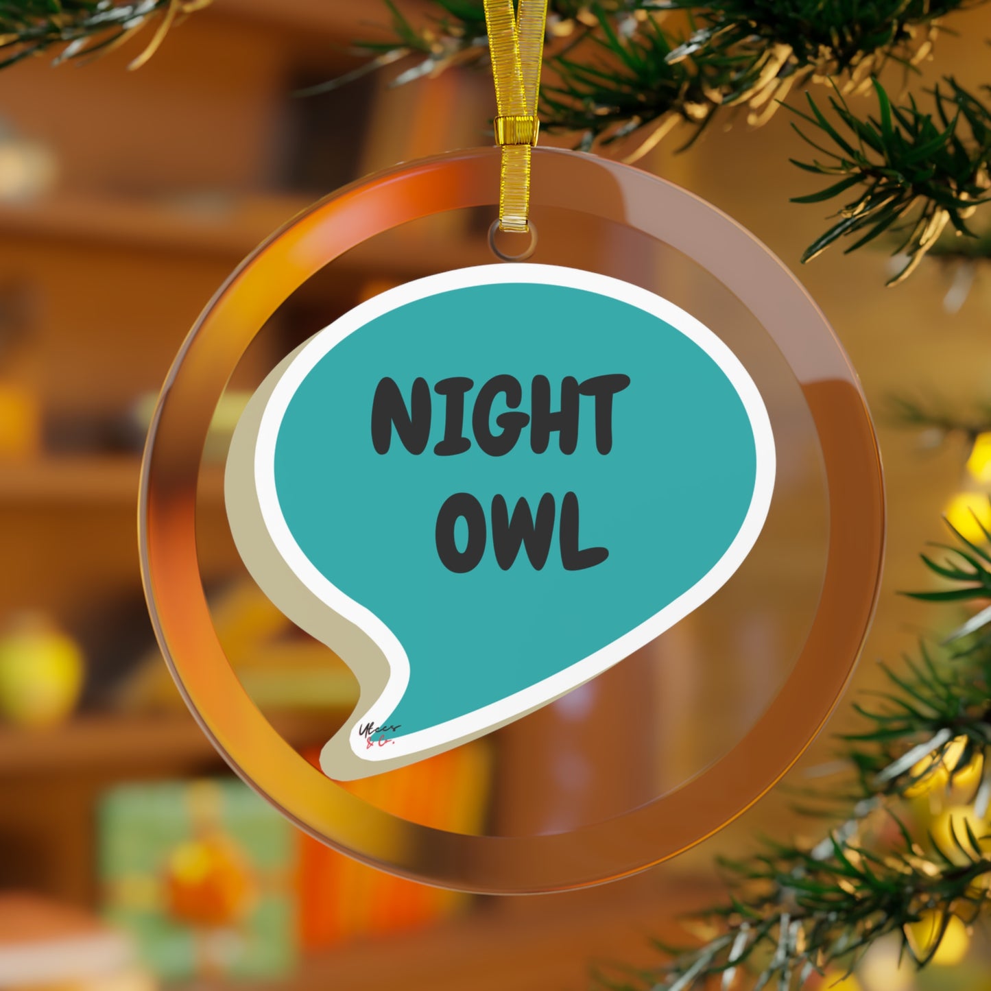 NIGHT OWL GLASS ORNAMENT IN SPEECH BUBBLE FOR CHRISTMAS HOLIDAY DECORATION