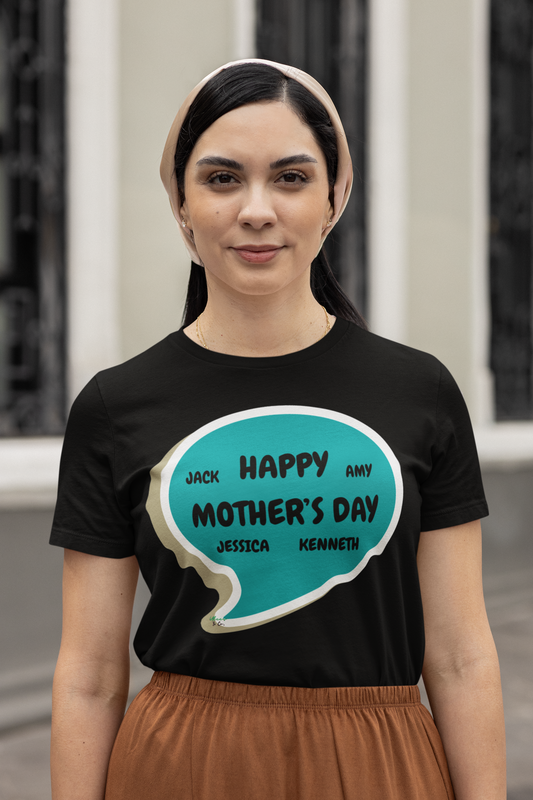PERSONALIZED MOM GIFT FROM KIDS HAPPY MOTHER'S DAY WITH CHILDREN NAMES IN SPEECH BUBBLE GRAPHIC UNISEX T-SHIRT CUSTOMIZE TEES FIRST TIME MOM GIFT FOR FIRST MOTHER'S DAY FOR MOMS' SHIRTS GIFTS FOR NEW MOM GIFTS TSHIRTS GIFT FOR MOMS'