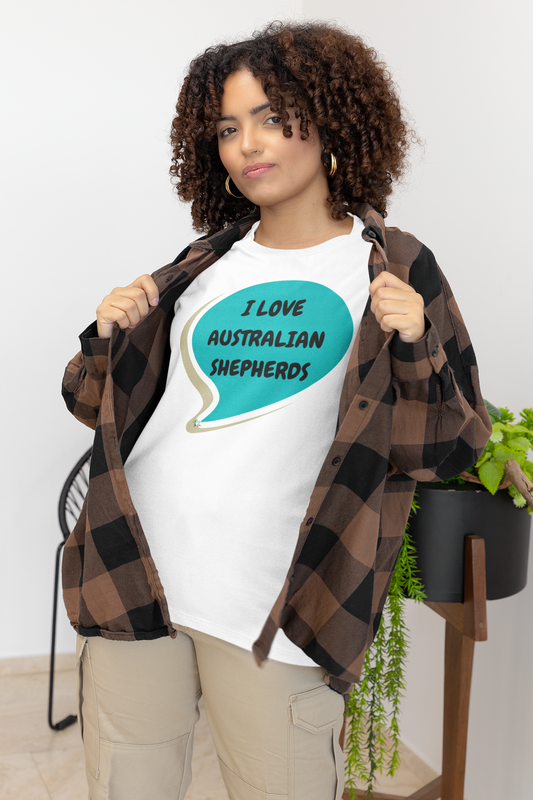 I LOVE AUSTRALIAN SHEPHERDS T-SHIRT UNIQUE GRAPHIC UNISEX SPEECH BUBBLE DESIGN SHIRT STREETWEAR FASHION PET GIFTS DOG MOM TEE SHIRTS FOR WOMEN DOG DAD GIFT FOR MEN CLOTHING BRAND PET PARENTS