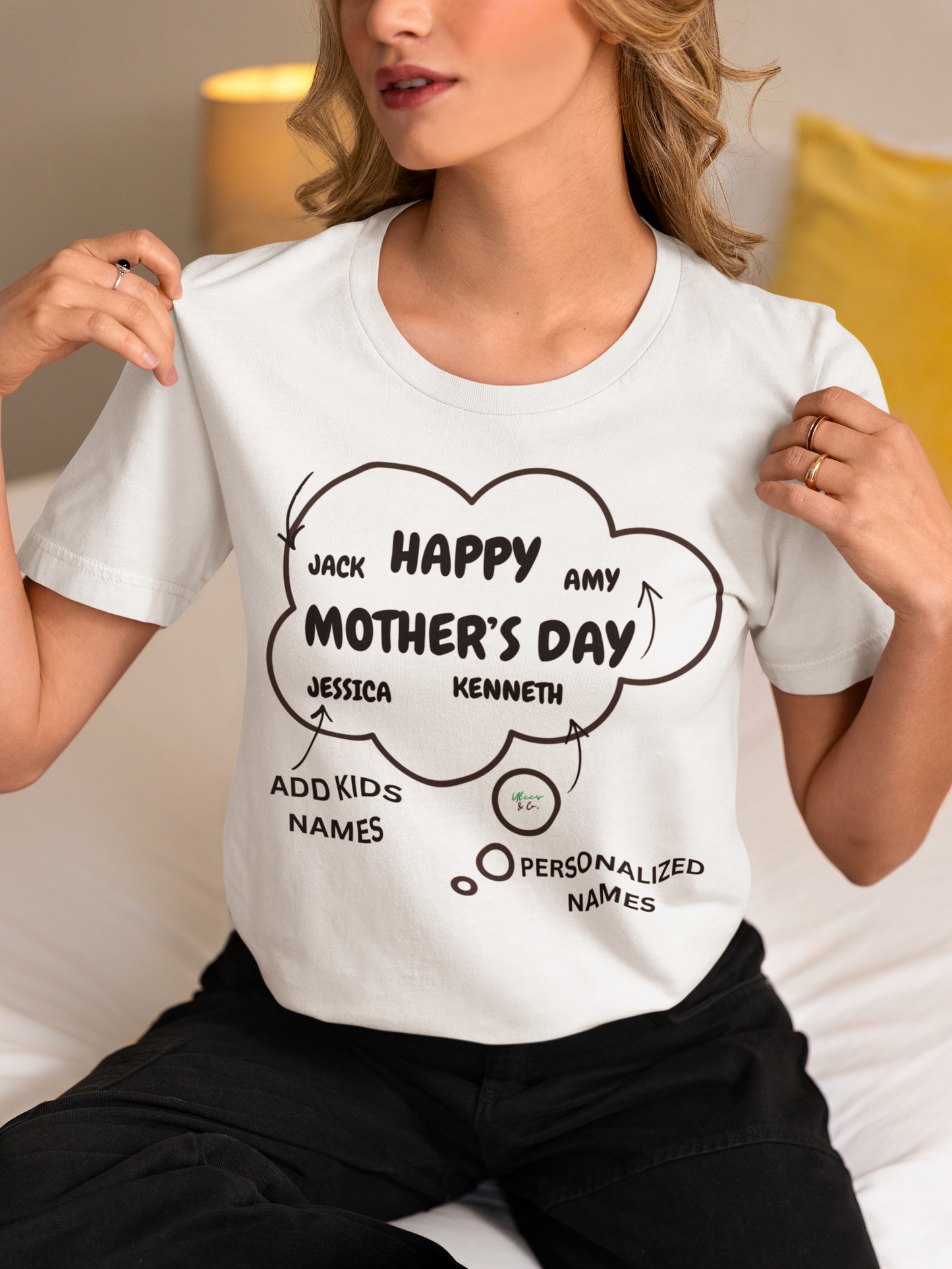 PERSONALIZED HAPPY MOTHER'S DAY T-SHIRTS CUSTOM TEES WITH KID NAMES IN THOUGHT BUBBLE UNIQUE MOM GIFT FIRST TIME MOM GIFT BIRTHDAY GIFT FOR MOM MOTHER IN LAW GIFT NEW MOM GIFT MOM GIFT FROM KIDS GIFT FOR GRANDMA