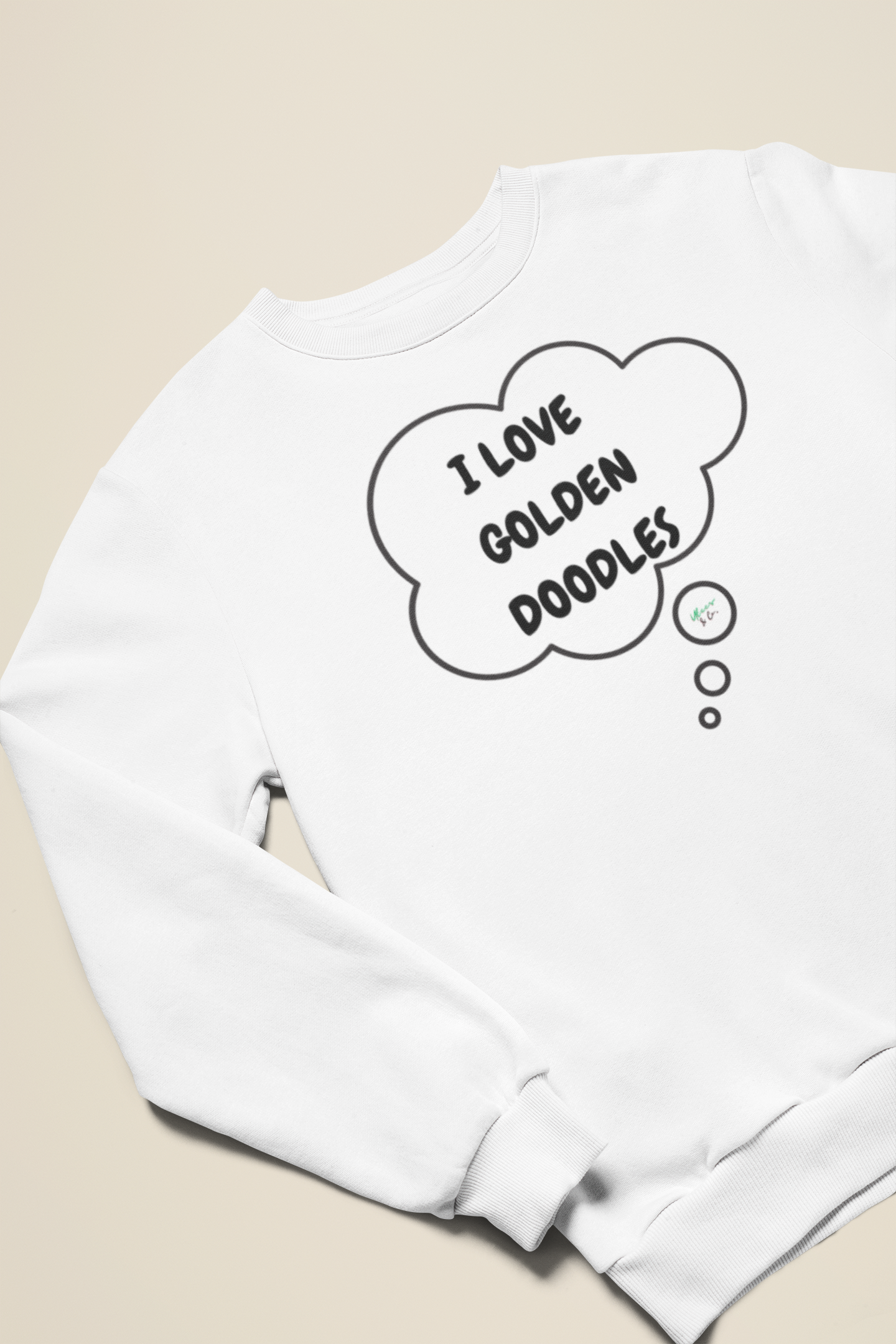 I LOVE GOLDEN DOODLES PULLOVER CREWNECK SWEATSHIRT IN THOUGHT BUBBLE DESIGN UNIQUE GRAPHIC UNISEX SWEATER PET GIFTS DOG MOM STREETWEAR FASHION BIRTHDAY SHIRTS DOG DAD GIFT FOR PET PARENTS