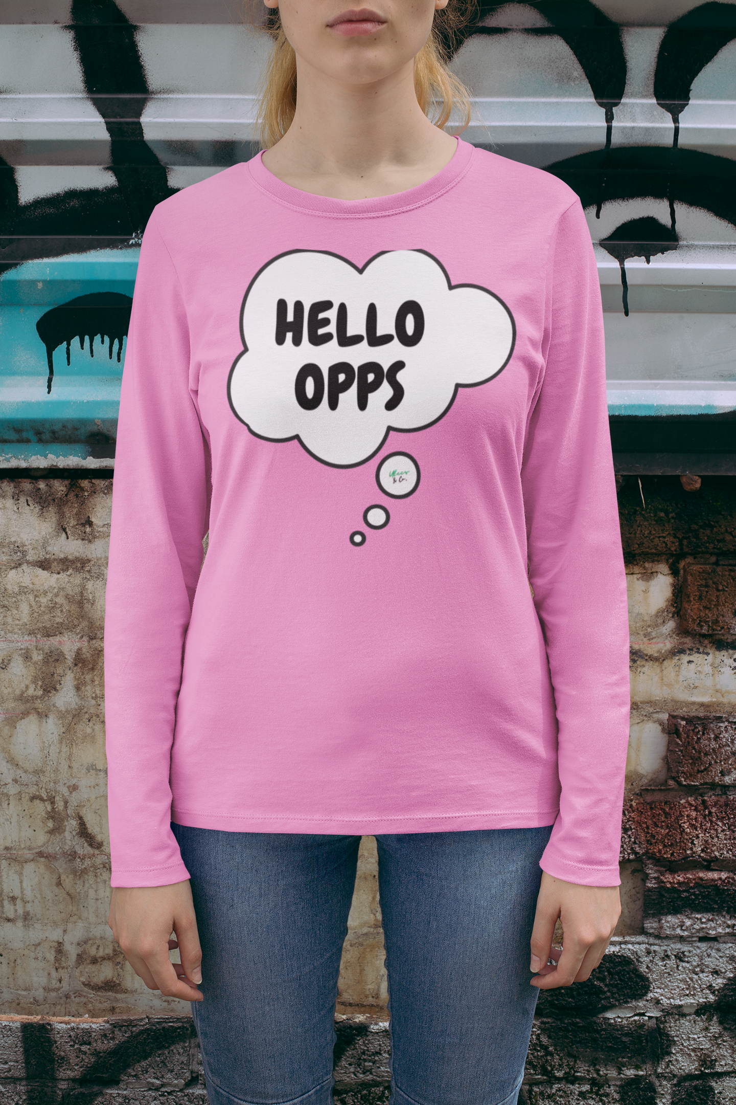 HELLO OPPS LONG SLEEVE SHIRT IN THOUGHT BUBBLE DESIGN GRAPHIC UNISEX LONG SLEEVE TOP SARCASTIC SAYINGS LONG SLEEVE FUNNY SAYINGS LONG SLEEVE TOP FOR GIFT BIRTHDAY GIFTS FOR WOMEN