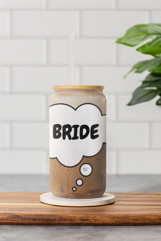 BRIDE SIPPER GLASS 16oz THOUGHT BUBBLE WEDDING FAVORS GLASSWARE ICED GLASS WEDDING GIFT ICED COFFEE GLASSES BACHELORETTE GIFT DRINKWARE FIANCÉE GIFT FOR BRIDAL PARTY FUTURE BRIDE CAN TUMBLERS