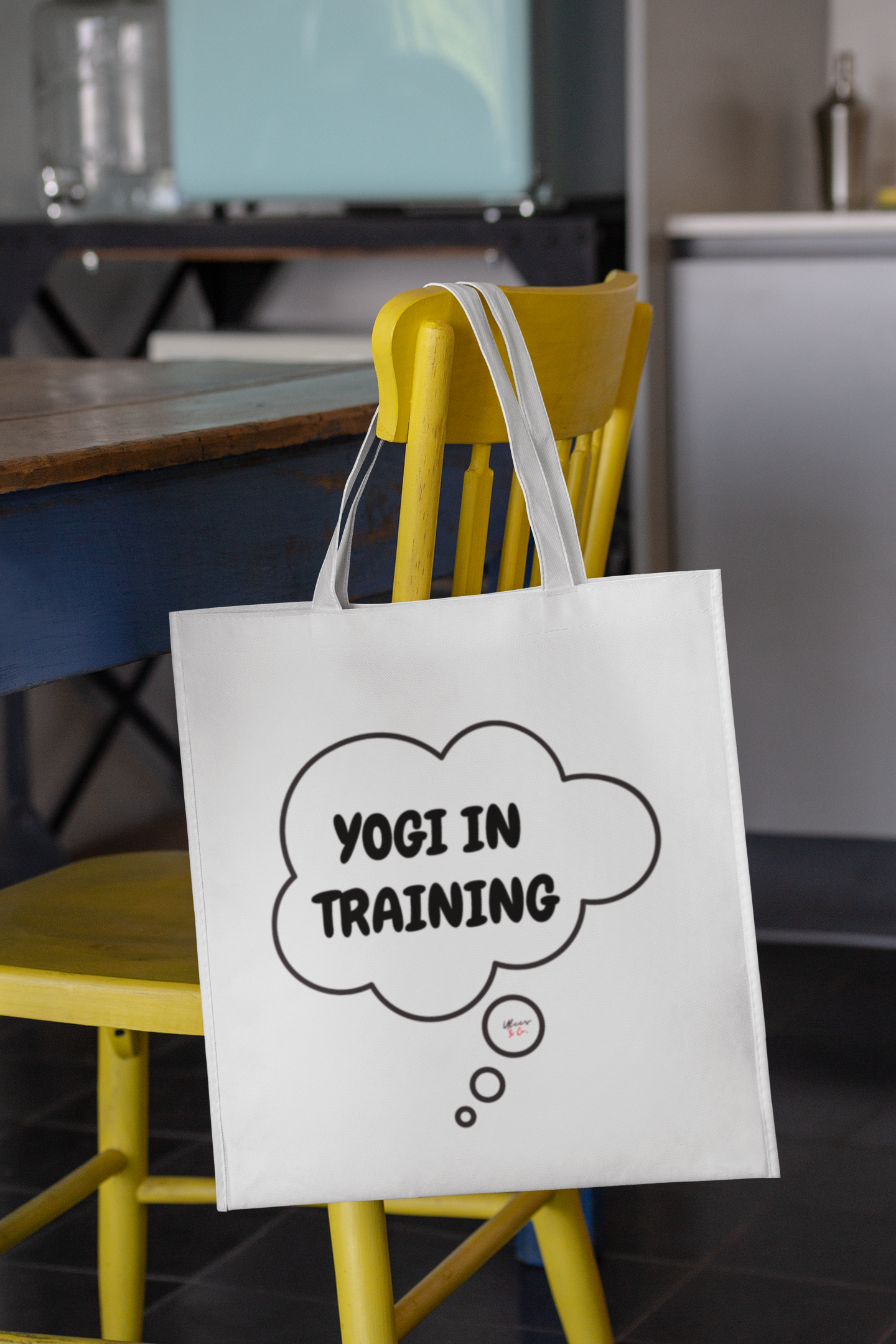 YOGI IN TRAINING TOTE BAG IN THOUGHT BUBBLE COTTON CANVAS TOTE BAG GIFT FOR YOGA WORKOUTS