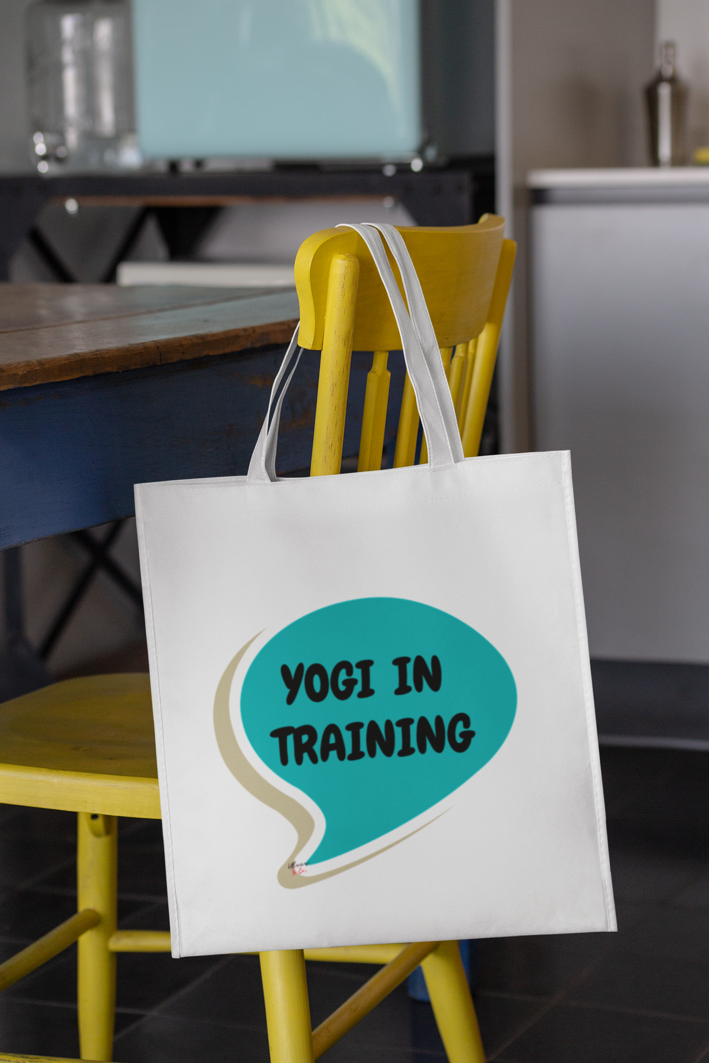 YOGI IN TRAINING TOTE BAG IN SPEECH BUBBLE COTTON CANVAS TOTE BAG FOR YOGA WORKOUTS