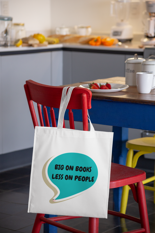 BIG ON BOOKS LESS ON PEOPLE TOTE BAG FOR BOOK LOVER TOTE BAG SARCASTIC SAYING GIFT BAG FOR READING IN SPEECH BUBBLE COTTON CANVAS TOTE BAG FUNNY SAYING ON TOTE BAG GIFT FOR CARRYING BOOKS