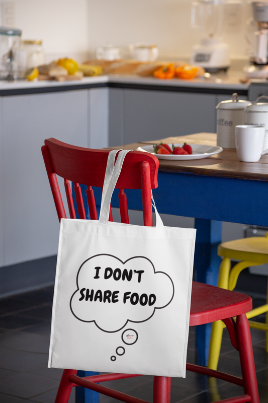 I DON'T SHARE FOOD TOTE BAG IN THOUGHT BUBBLE FUNNY SAYINGS COTTON CANVAS TOTE BAG GIFT FOR SARCASTIC SAYINGS TOTE BAG