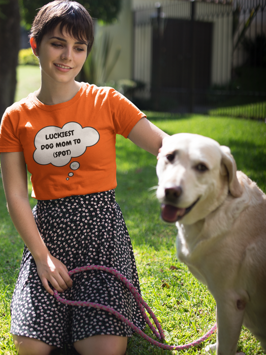PERSONALIZED LUCKIEST DOG MOM TO... DOG SHIRTS CUSTOM PET T-SHIRTS MOM GIFT TEES FOR PET PARENTS UNIQUE MOM GIFT FOR HER IN THOUGHT BUBBLE GRAPHIC UNISEX T-SHIRT MOM BIRTHDAY GIFT FOR GRANDMA GIFT FROM KIDS