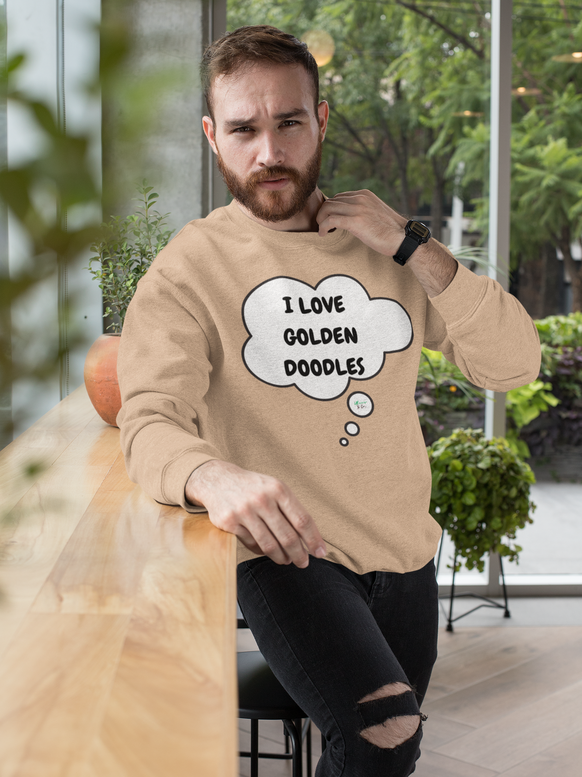I LOVE GOLDEN DOODLES PULLOVER CREWNECK SWEATSHIRT IN THOUGHT BUBBLE DESIGN UNIQUE GRAPHIC UNISEX SWEATER PET GIFTS DOG MOM STREETWEAR FASHION BIRTHDAY SHIRTS DOG DAD GIFT FOR PET PARENTS