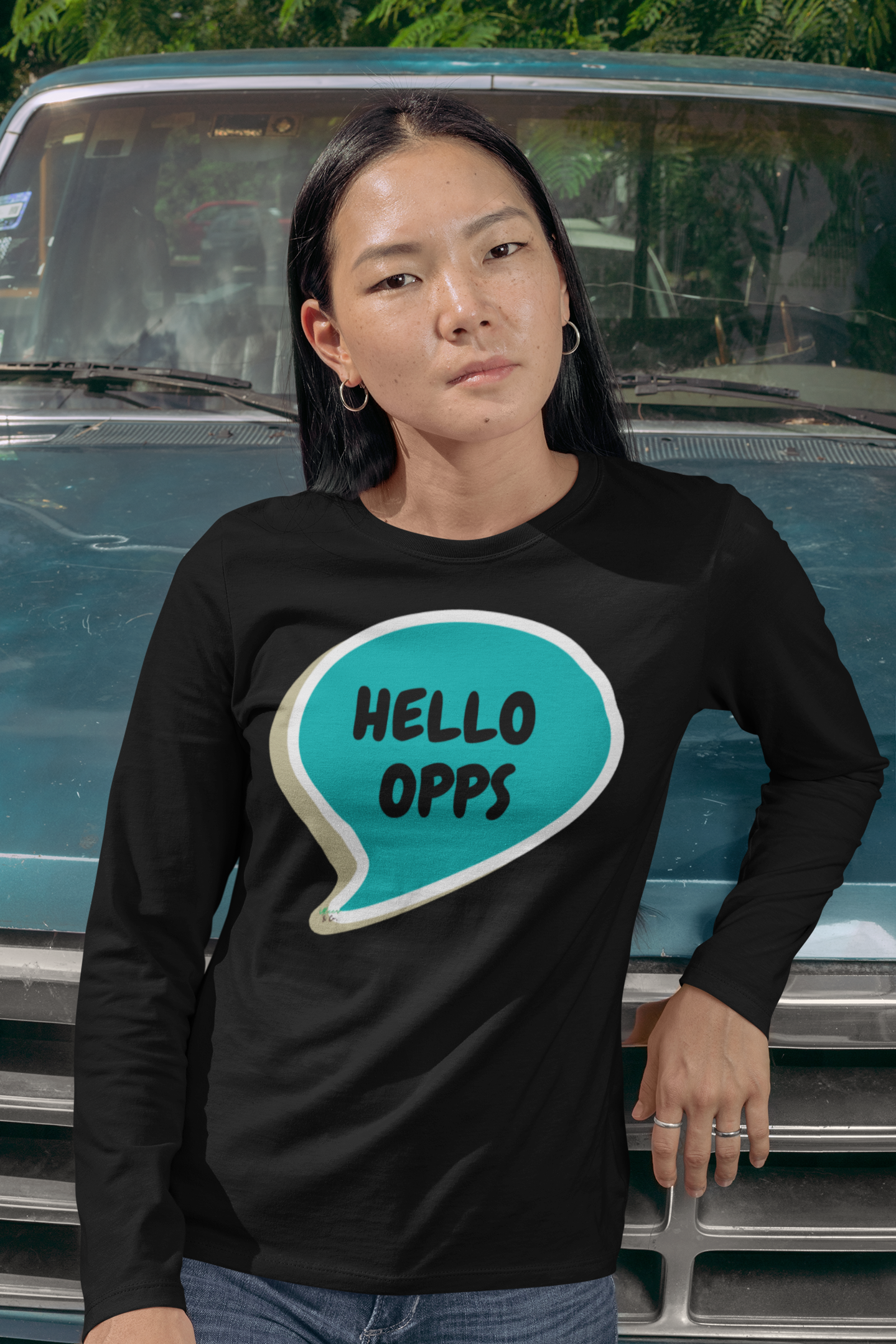 HELLO OPPS LONG SLEEVE SHIRT IN SPEECH BUBBLE DESIGN GRAPHIC UNISEX LONG SLEEVE TOP SARCASTIC SAYINGS LONG SLEEVE FUNNY SAYINGS LONG SLEEVE TOP FOR GIFT BIRTHDAY GIFTS FOR WOMEN