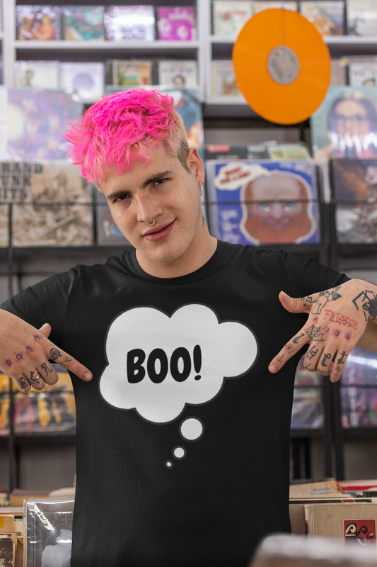 BOO! T-SHIRT HALLOWEEN SHIRT THOUGHT BUBBLE UNIQUE GRAPHIC UNISEX TEXT ONLY SHIRT STREETWEAR FASHION TEES SPOOKY SEASON T-SHIRT FALL TEES BIRTHDAY GIFTS FOR WOMEN GIFT FOR MEN CLOTHING BRAND HOLIDAY GIFTS