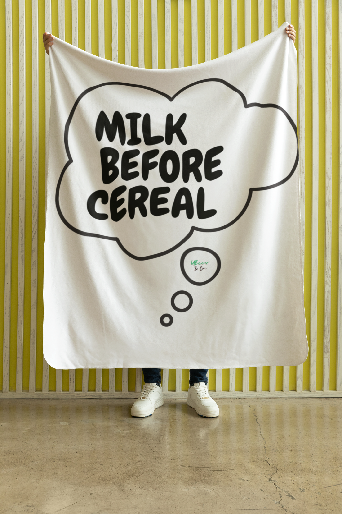 MILK BEFORE CEREAL PLUSH VELVETEEN BLANKET 50'X 60' IN THOUGHT BUBBLE FUNNY SAYINGS 100% POLYESTER BLANKET SARCASTIC SAYINGS MEDIUM TO HEAVY WEIGHT PLUSH VELVETEEN BLANKET